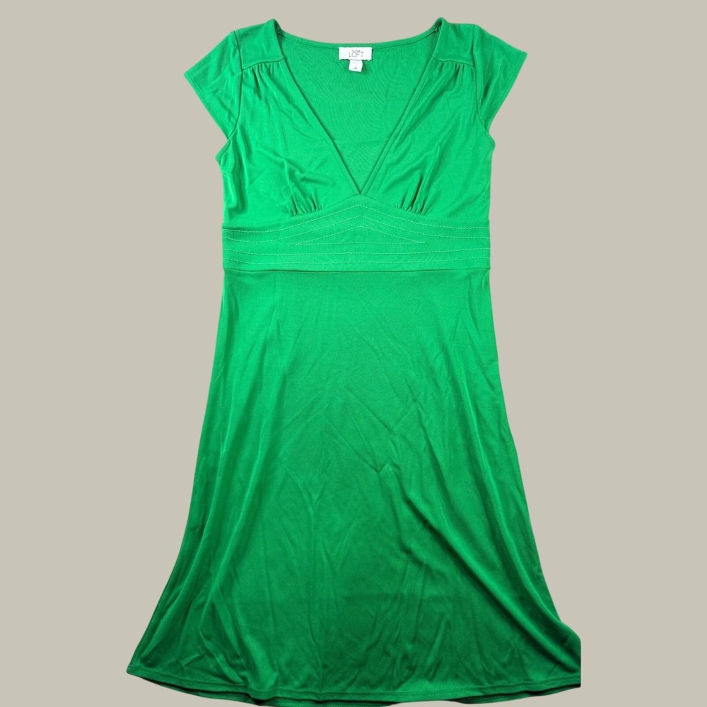 Ann Taylor LOFT Green‎ V-Neck Empire Waist A-Line Knit Dress 90s Preppy Brunch
